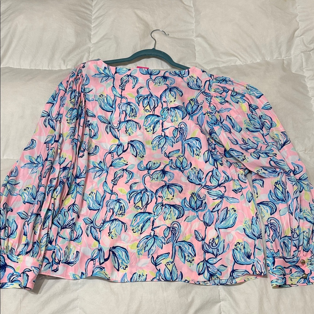 Lilly Pulitzer Maisel Pink Blue Top Floral Long Sleeve Gold Buttons NEW XL 14 16 - Picture 8 of 13